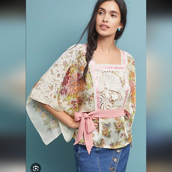 Anthropologie Floral Begonia Blouse Ribbon Small Petite Pink Orange Boho Tiny - Picture 1 of 5